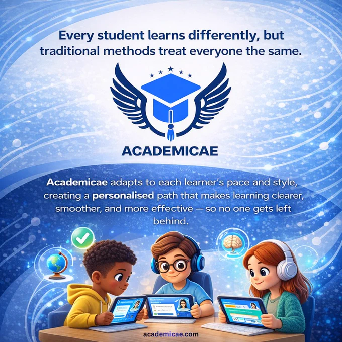 Three students using Academicae on tablets with visuals of learning icons and a personalised learning theme.