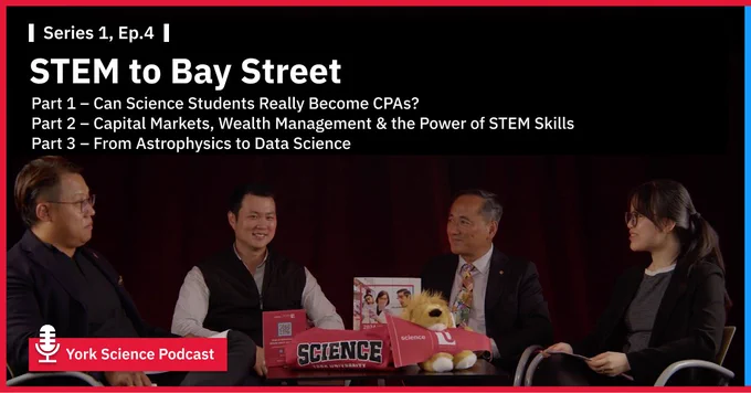 Four individuals sitting at a table in a podcast recording setup for the 'York Science Podcast' series titled "STEM to Bay Street". There are microphones in front of each person, and a small stuffed dog, books, and a sign labeled "SCIENCE" on the table.