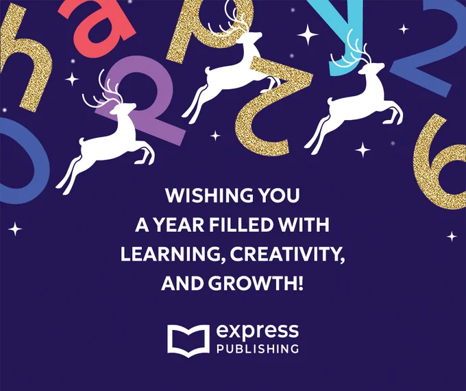 White reindeer leap among colorful letters and numbers on a dark background with a message wishing a year of learning, creativity, and growth from Express Publishing.