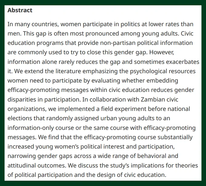 BJPolS abstract discussing women's participation in politics, civic education, and gender gaps in political efficacy and interest.
