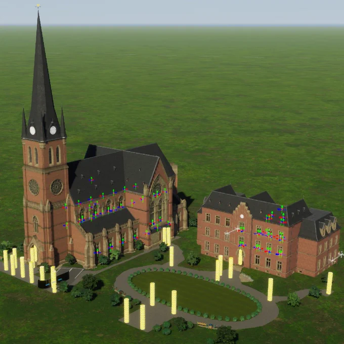 The photo shows a medium-sized church and a small school building next to in in neo-gothic fashion inside the asset editor of Cities Skylines 2. 