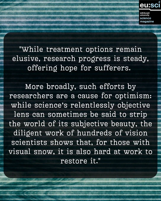 Alt text:
Background of TV static with text overlay: "While treatment options remain elusive, research progress is steady, offering hope for sufferers. Broadly, the work of vision scientists is a cause for optimism. Though science's objective lens can sometimes strip away beauty, the efforts of researchers are working to restore it for those with visual snow."
