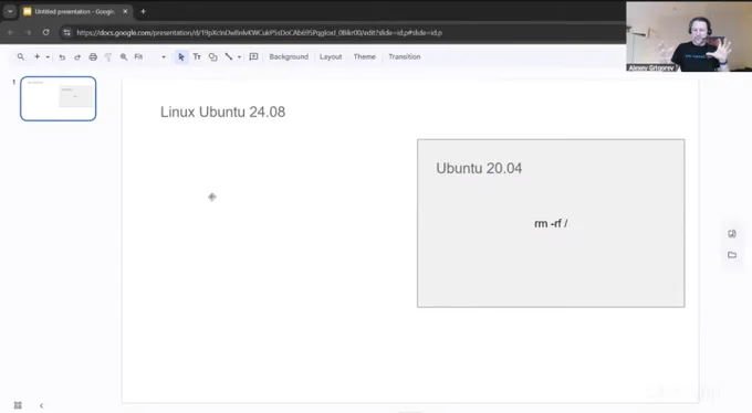 Slide showing "Linux Ubuntu 24.08" with a gray box labeled "Ubuntu 20.04" containing command "rm -rf /", presenter visible in small webcam.