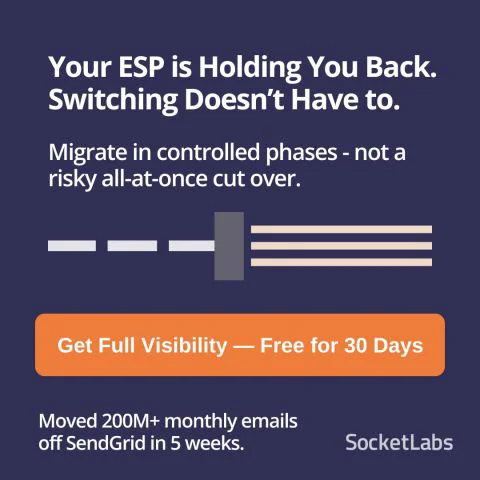 Graphic promoting phased email migration. Text reads: ‘Your ESP is Holding You Back. Switching Doesn’t Have to.’ Message highlights migrating in controlled phases instead of all-at-once cutovers, with a CTA button and a proof point noting 200M  monthly emails moved in 5 weeks.