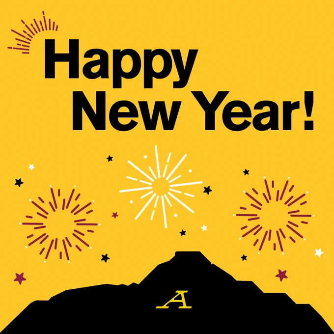 Graphic that says "Happy New Year" with A Mountain graphic in the background and stars in the sky. 