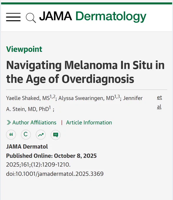 JAMA Dermatology viewpoint: "Navigating Melanoma In Situ in the Age of Overdiagnosis" by Yaelle Shaked, Alyssa Swearingen, Jennifer A. Stein, et al. Published online October 8, 2025. DOI:10.1001/jamadermatol.2025.3369.