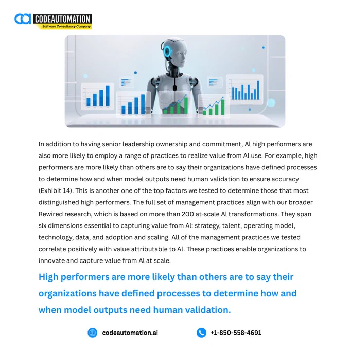 An AI-powered robot reviewing performance charts, symbolizing how high-performing organizations combine AI automation with human validation to ensure accuracy, trust, and scalable business value.