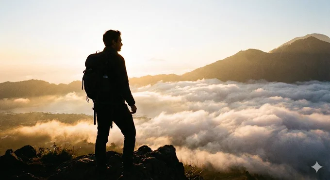 A silhouette of a person standing at the top of a mountain peak at sunrise. They are looking out over a vast horizon below where the clouds are breaking, and golden hour light is flooding the scene. It represents having completed a difficult climb.