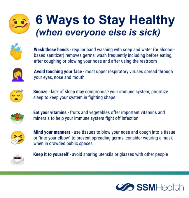 Infographic titled '6 Ways to Stay Healthy' by SSM Health. It includes six recommendations with corresponding emojis: wash hands regularly, avoid touching face, get enough sleep, manage stress, eat vitamins, and keep personal space in crowded areas.