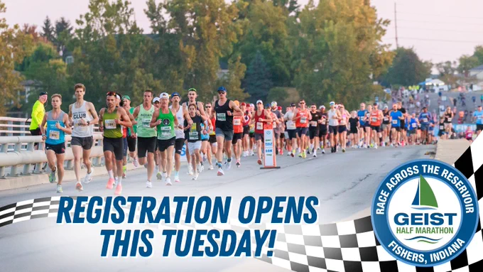 Runners starting the Geist Half Marathon in Fishers, Indiana, with a banner announcing registration opens this Tuesday.