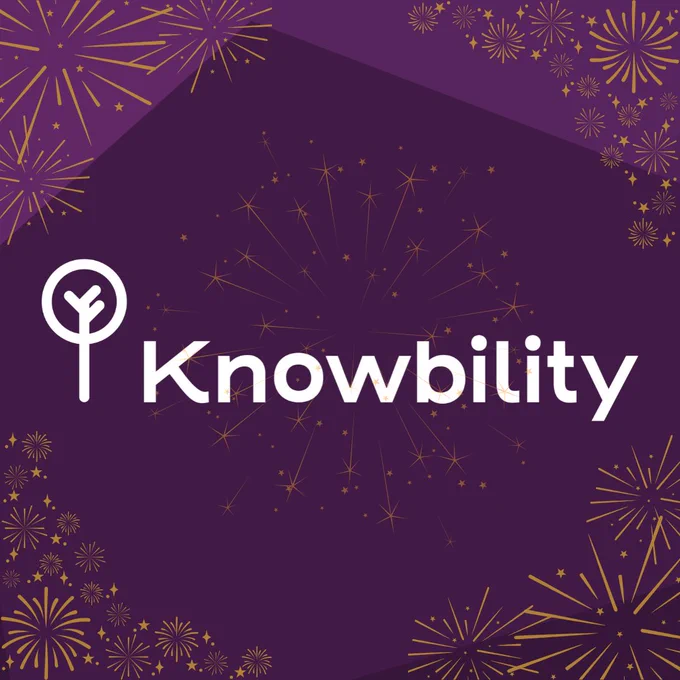 Knowbility logo with a dark purple background and gold fireworks surrounding.