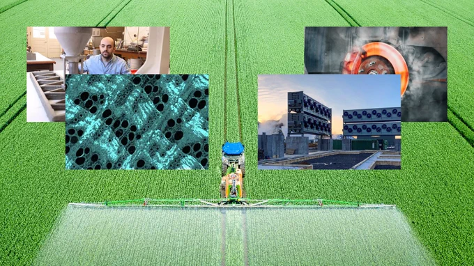 A collage of five images, including a person in a laboratory, a close-up of bacteria, a robotic farming machine in a field, a mechanical part, and a modern industrial building.