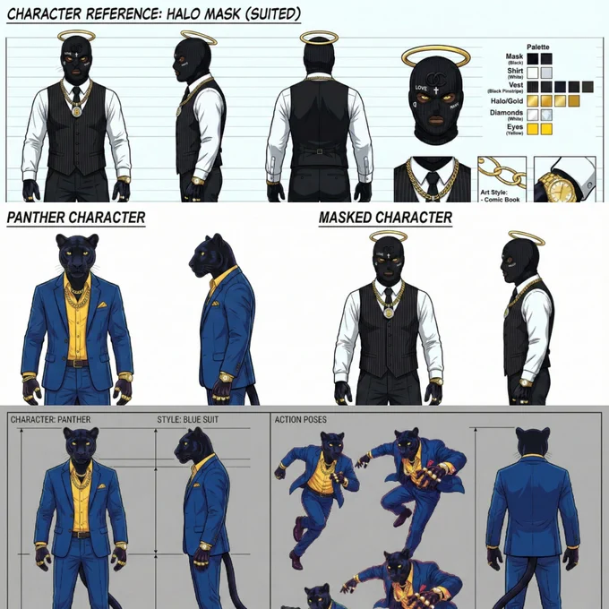 ​A digital character reference sheet split into two sections. Top Section: "Halo Mask (Suited)" featuring a male character with a black ski mask, a floating gold halo, and a pinstripe vest suit with gold chains. Includes front, side, and back views. Bottom Section: "Panther Character" featuring an anthropomorphic black panther in a sharp blue suit and yellow shirt. Includes a color palette and dynamic action poses showing the panther running and crouching.