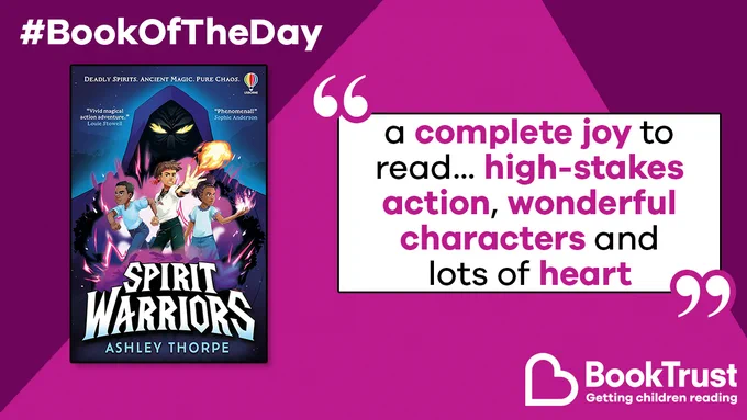 The front cover of Spirit Warriors and a quote from our review: 'A complete joy to read... high-stakes action, wonderful characters and lots of heart'
