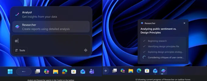 New agentic Windows Search-like Ask Copilot experience on Windows 11 taskbar.