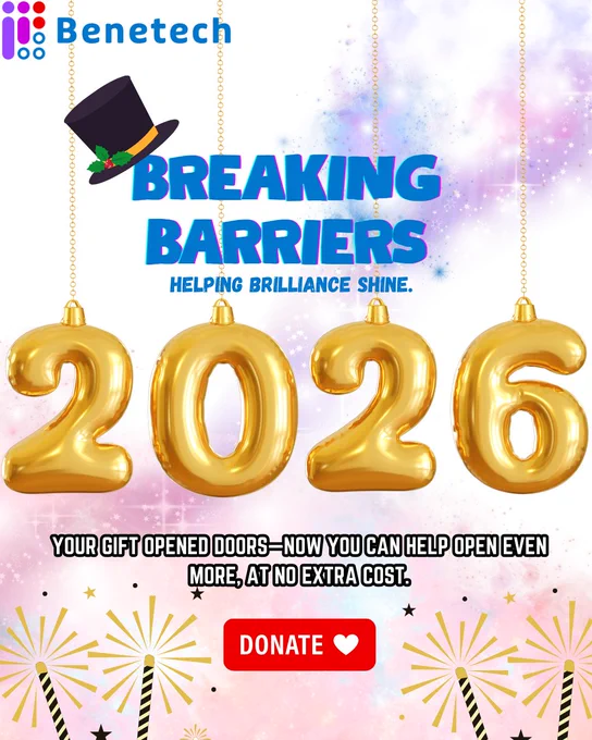 New Year–themed Benetech graphic featuring large “2026” balloons and celebratory accents. Text on the image reads: “Your gift opened doors—now you can help open even more, at no extra cost.” A red Donate button appears at the bottom.