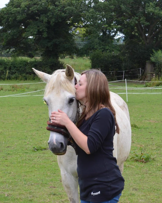 A grey horse is being given a kiss by her owner in a field.