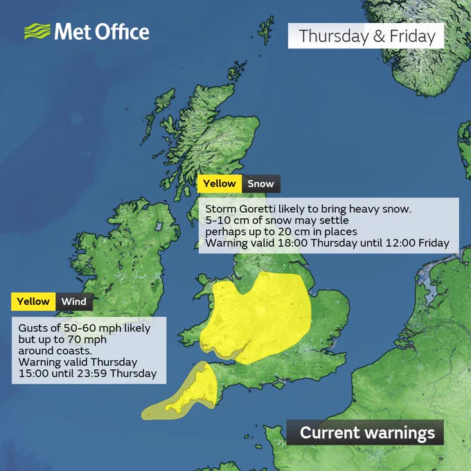 A graphic showing a summary of the snow and wind warnings covering parts of England and Wales for Thursday and Friday