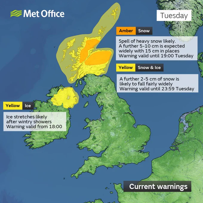 Graphic showing the current snow and ice warning issued for Tuesday, covering parts of Northern Ireland and Scotland
