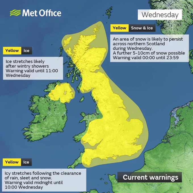 Graphic showing the widespread ice warnings issued for Wednesday, with a yellow snow and ice warning for Scotland