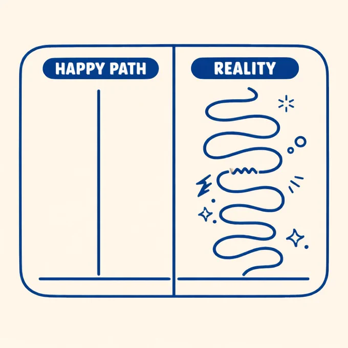Split-panel doodle comparing a user journey: left side labeled ‘Happy Path’ shows a straight vertical line; right side labeled ‘Reality’ shows a wavy, looping path with small doodle accents, highlighting a smooth ideal versus a bumpy real experience.