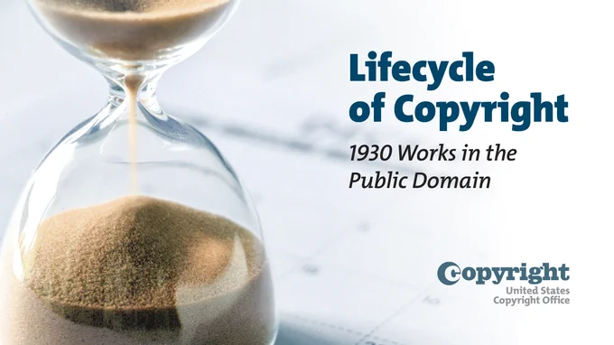 On the left, an hourglass pours sand from top to bottom. Text on the right reads, "Lifecycle of Copyright 1930 Works in the Public Domain."