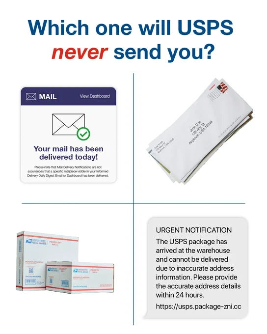 The post is split into four sections with the text “Which one will USPS never send you?” and an image of an Informed Delivery notification, a stack of letters, Priority Mail® boxes, and a smishing text.