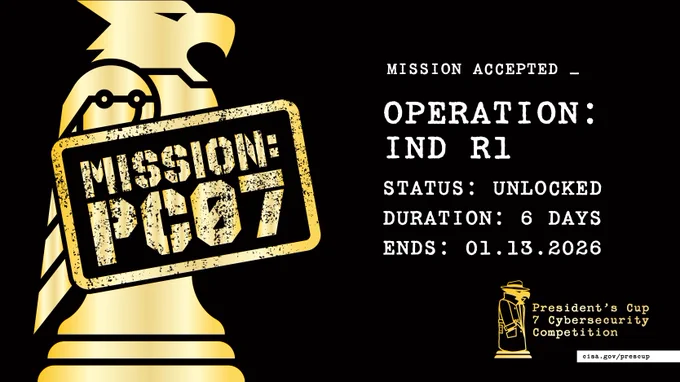 Graphic about the President's Cup Cybersecurity Competition, featuring the text 'MISSION ACCEPTED', a gold trophy, and details for 'Operation: IND R1' with the status 'UNLOCKED' and end date '01.13.2026'.