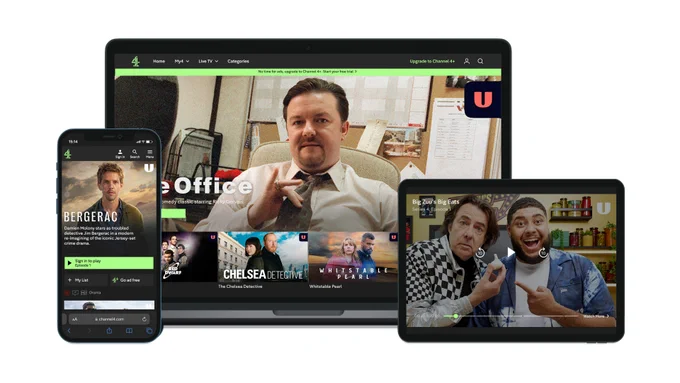 Shots of shows including Bergerac, The Office and Big Zuu's Big Eats shown in Channel 4 Streaming, ready to play. 