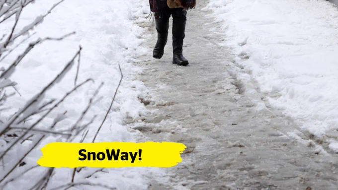  A pair of winter boots carefully steps along a snow and ice-covered sidewalk, the rest of the person out of frame. In the bottom right-hand corner of the image, there is a yellow banner overlay with the text “SnoWay!”