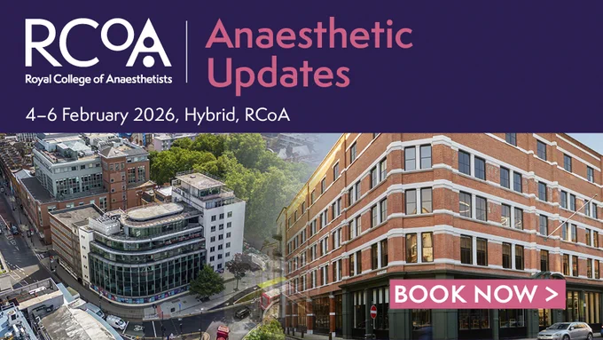 The image shows the current RCoA building at Churchill House and our new building, Jubilee House. 

Text reads: Anaesthetic Updates 4-6 February 2026, Hybrid, RCoA
