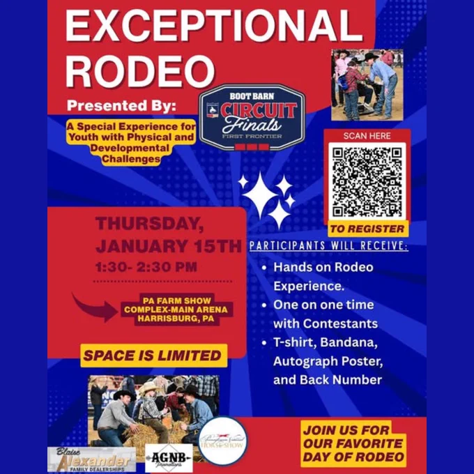 A person wearing a cowboy hat, boots and jeans is bending over talking to a child in an arena with a dirt floor. Many other people are in the background. First Frontier Circuit logo. A special experience for youth with physical and developmental challenges. Participants will receive hands on rodeo experience, one on one time with contestants, a t-shirt, bandanna, autograph poster, and back number. A child sits atop a bale of hay. Two men wearing cowboy hats are holding each end of the hay bale.