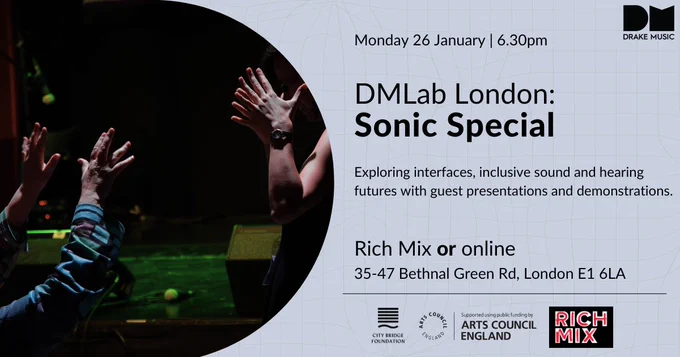 Flyer for DMLab London. All text explained in caption. Features an image of two people using sign language to communicate to eachother.