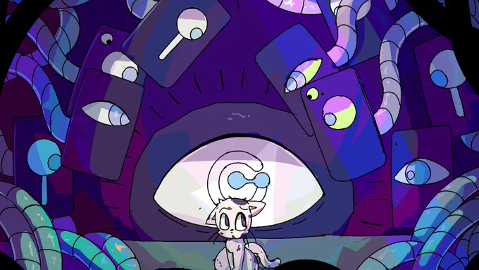 a drawing of a tiny maia kitten surrounded by phones with eyes and a big eye with the GByte logo on it in the background