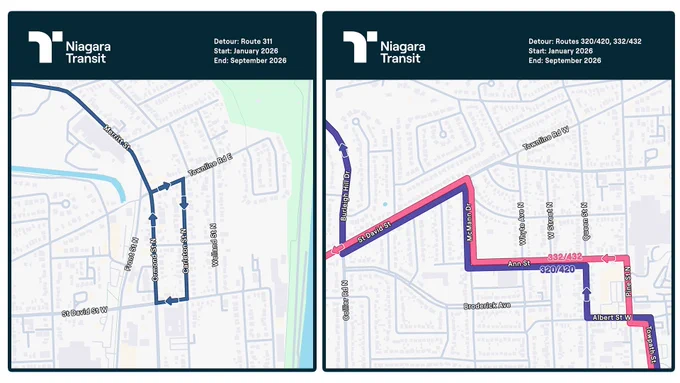 Thorold detours for routes 311, 320, 420, 332, 432 until September 2026