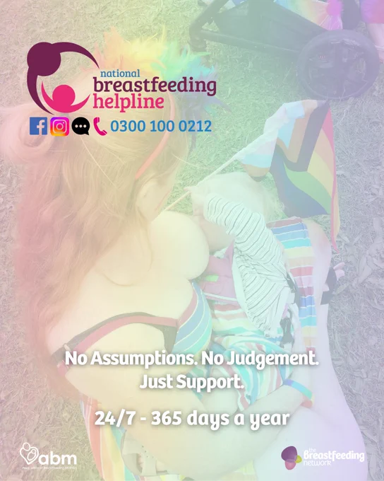 Background image of mum breastfeeding her baby, with rainbow overlay. National Breastfeeding Helpline. 0300 100 0212. No Assumptions. No judgement. Just support. 24/7 - 365 days a year.