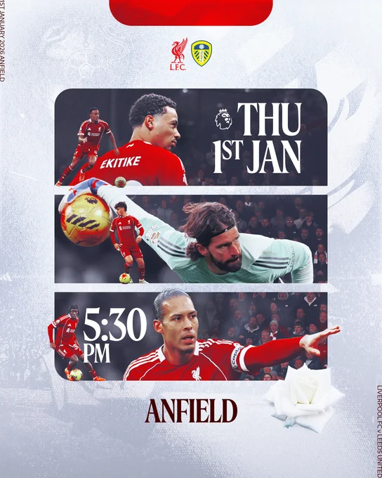 Matchday graphic: Liverpool v Leeds, Anfield, 5:30pm KO.