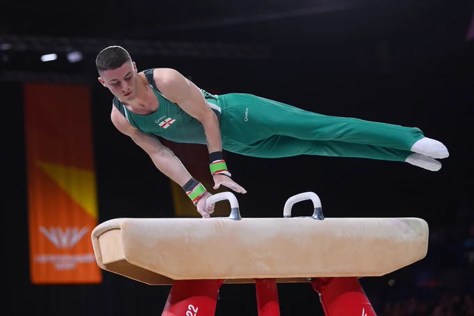 Rhys competes on the Pommel Horse in Birmingham.