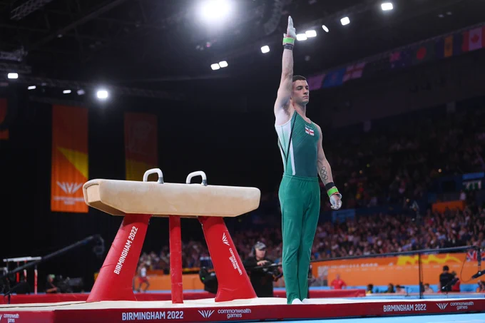 The Northern Ireland gymnast completes his routine in Birmingham.