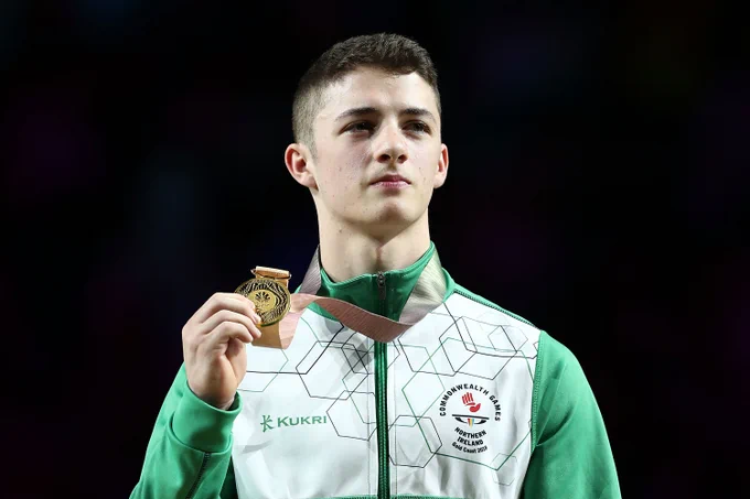 Rhys poses with his Commonwealth gold medal after winning the Men’s Pommel Horse Final during Gymnastics on day four of Gold Coast 2018.