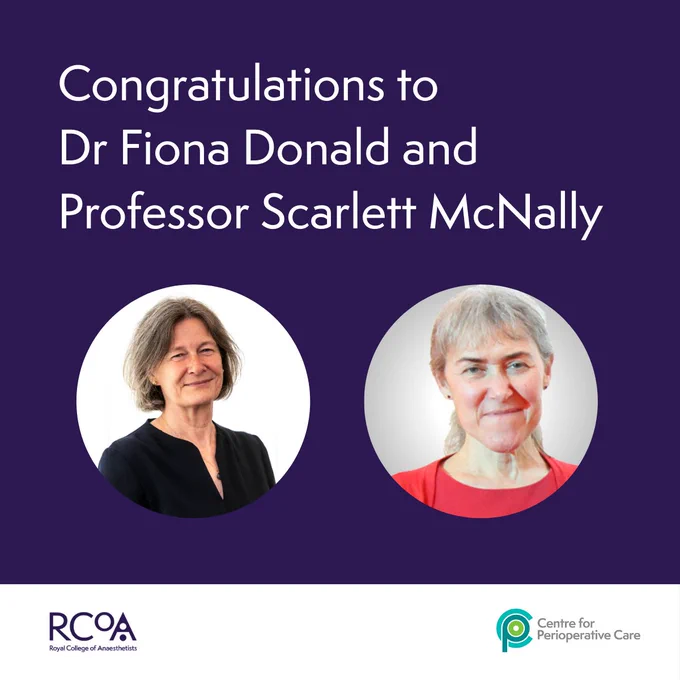 Image shows white text on a purple background and reads: Congratulations to Dr Fiona Donald and Professor Scarlett McNally. The image includes a portrait photo of both Fiona and Scarlett, each set in a circular frame. 