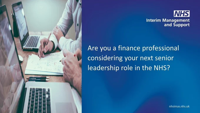 Image of two people working together with laptops, promotional text "Are you a finance professional considering your next senior leadership role in the NHS?"