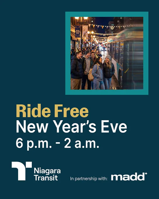 Ride Niagara Transit Free on New Year's Eve from 6 p.m. to 2 a.m.