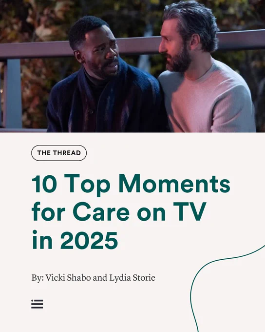 Promotional image for an article titled '10 Top Moments for Care on TV in 2025,' featuring two actors in a night scene, one listening intently to the other.