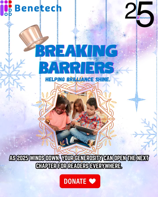 Winter-themed Bookshare graphic with falling snowflake accents. A group of readers sit together using tablets. Text on the image reads: “As 2025 winds down, your generosity can open the next chapter for readers everywhere.” A red Donate button appears at the bottom.
