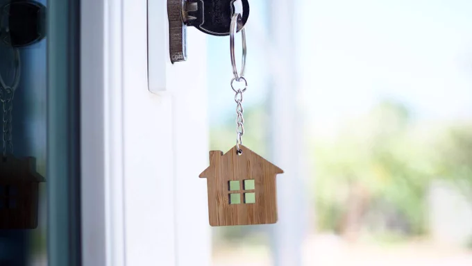 A key in a lock, in a door 