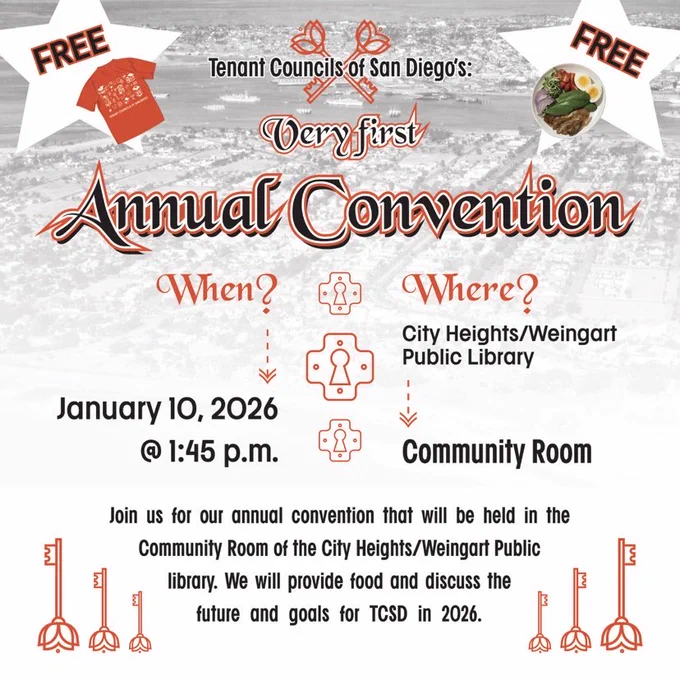Flyer advertising TCSD's first annual convention January 10, 2026, at 1:45 p.m. in the City Heights/Weingart Public Library Community room. The background of the flyer is a black and white city-scape the color of snow. The flyer is decorated with fancy red and black text and the red keys that form TCSD's logo. There's also a star advertising free t-shirts. 