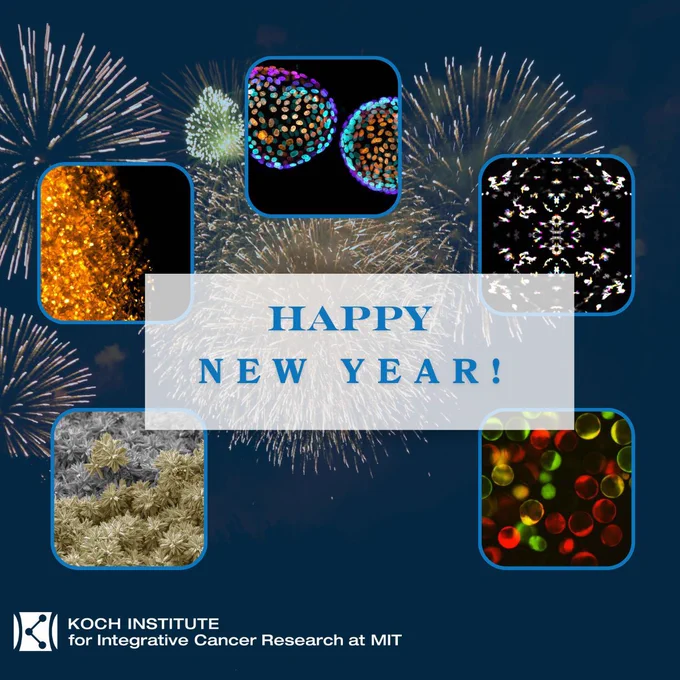 Text that says Happy New Year set against a navy blue background with  fireworks and featuring five squares featuring colorful scientific images. A logo with white text reading Koch Institute for Integrative Cancer Research appears in the lower left corner. 