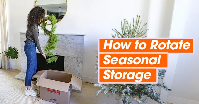 Person placing garland into a storage box, with a "How to Rotate Seasonal Storage" overlayed on the photo.