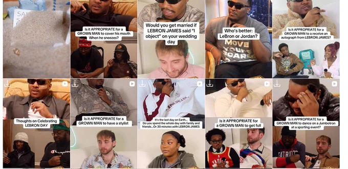 a screenshot of the instagram page of Sandbox Sessions. Most of the titles of videos include "is it APPROPRIATE for a GROWN MAN... "